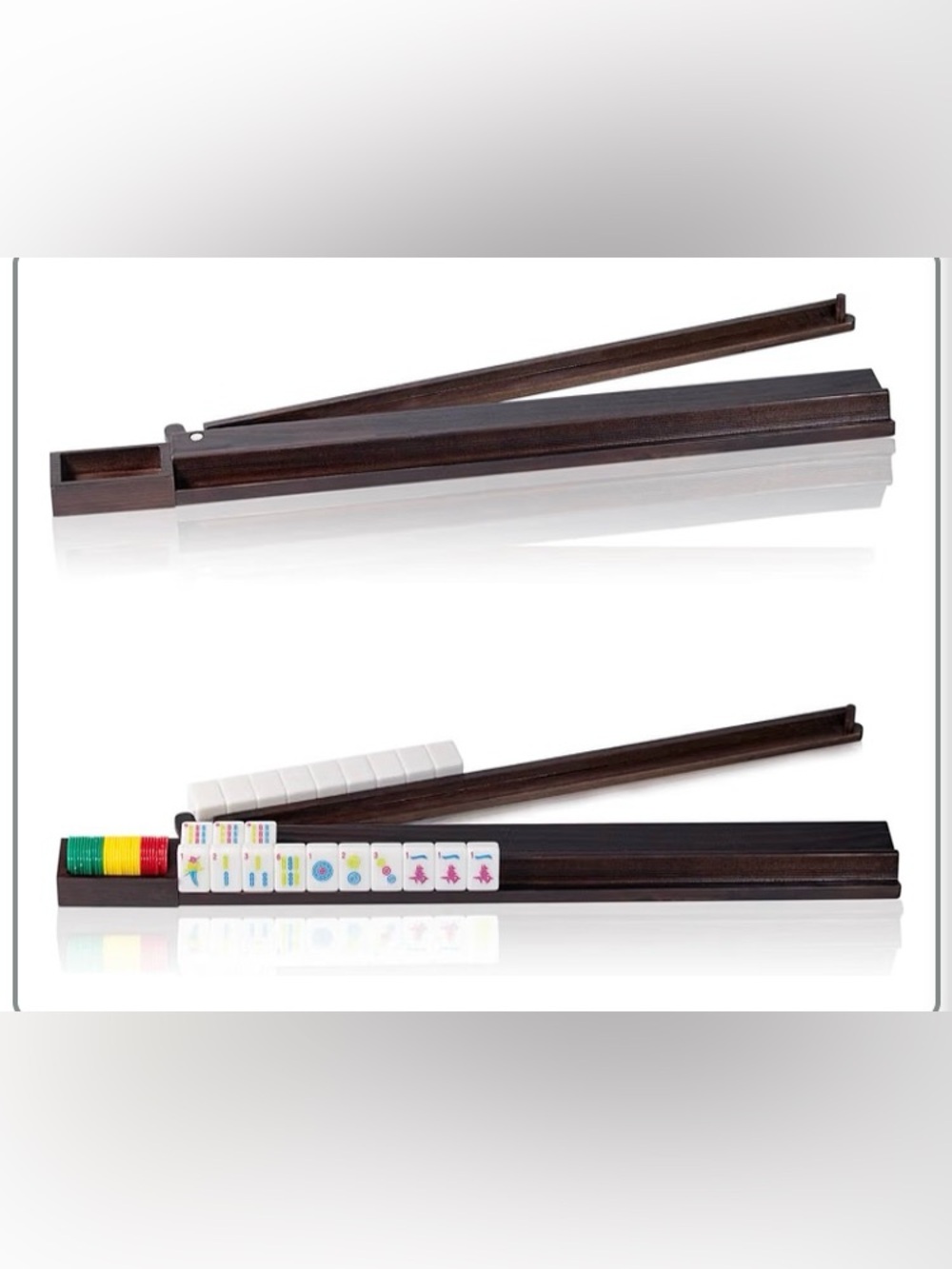 4 Brown Wooden Mahjong Racks with Pushers 20” Inches Magnetic Chip Box NWT